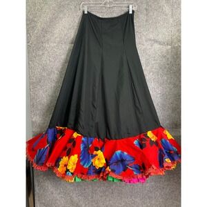 Vintage Black Maxi Skirt Bright Floral Ruffle Hem Boho‎ Fiesta Party Skirt M/L